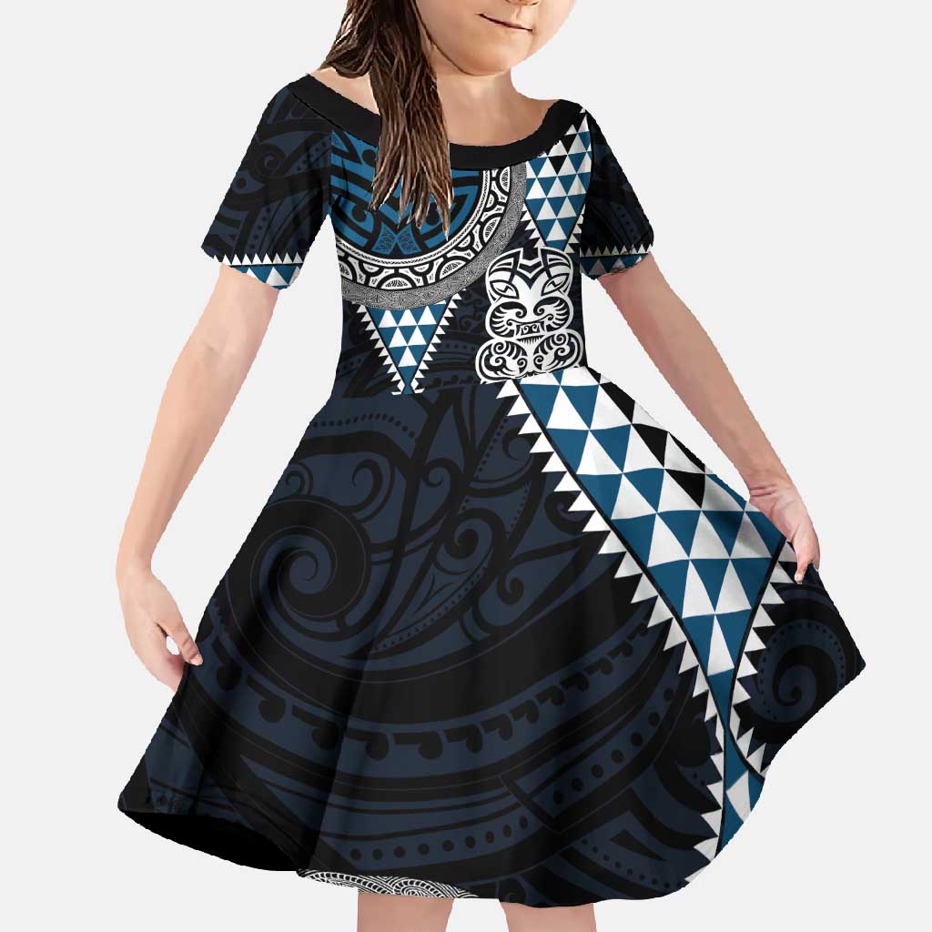 Blue Aotearoa Niho Taniwha Family Matching Tank Maxi Dress and Hawaiian Shirt Maori Mythology Tooth - Taniko Motifs LT14 Daughter's Dress Blue - Polynesian Pride