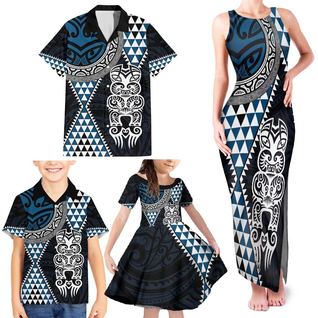 Blue Aotearoa Niho Taniwha Family Matching Tank Maxi Dress and Hawaiian Shirt Maori Mythology Tooth - Taniko Motifs LT14 - Polynesian Pride