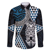 Blue Aotearoa Niho Taniwha Family Matching Tank Maxi Dress and Hawaiian Shirt Maori Mythology Tooth - Taniko Motifs LT14 Dad's Shirt - Long Sleeve Blue - Polynesian Pride