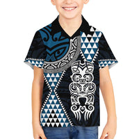 Blue Aotearoa Niho Taniwha Family Matching Tank Maxi Dress and Hawaiian Shirt Maori Mythology Tooth - Taniko Motifs LT14 Son's Shirt Blue - Polynesian Pride