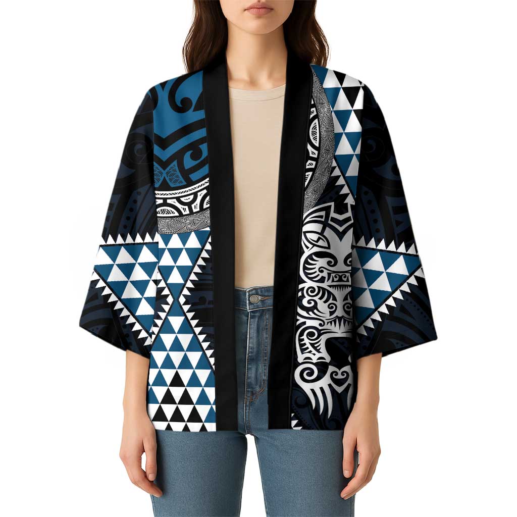 Blue Aotearoa Niho Taniwha Kimono Maori Mythology Tooth - Taniko Motifs - Polynesian Pride