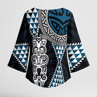 Blue Aotearoa Niho Taniwha Kimono Sleeve Blouse Maori Mythology Tooth - Taniko Motifs - Polynesian Pride
