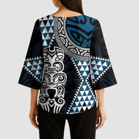 Blue Aotearoa Niho Taniwha Kimono Sleeve Blouse Maori Mythology Tooth - Taniko Motifs - Polynesian Pride