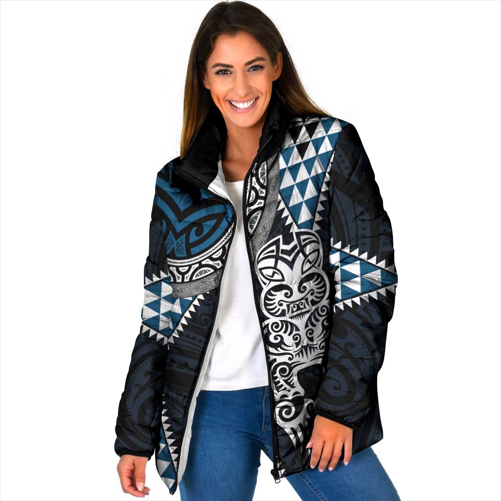 Blue Aotearoa Niho Taniwha Padded Jacket Maori Mythology Tooth - Taniko Motifs - Polynesian Pride