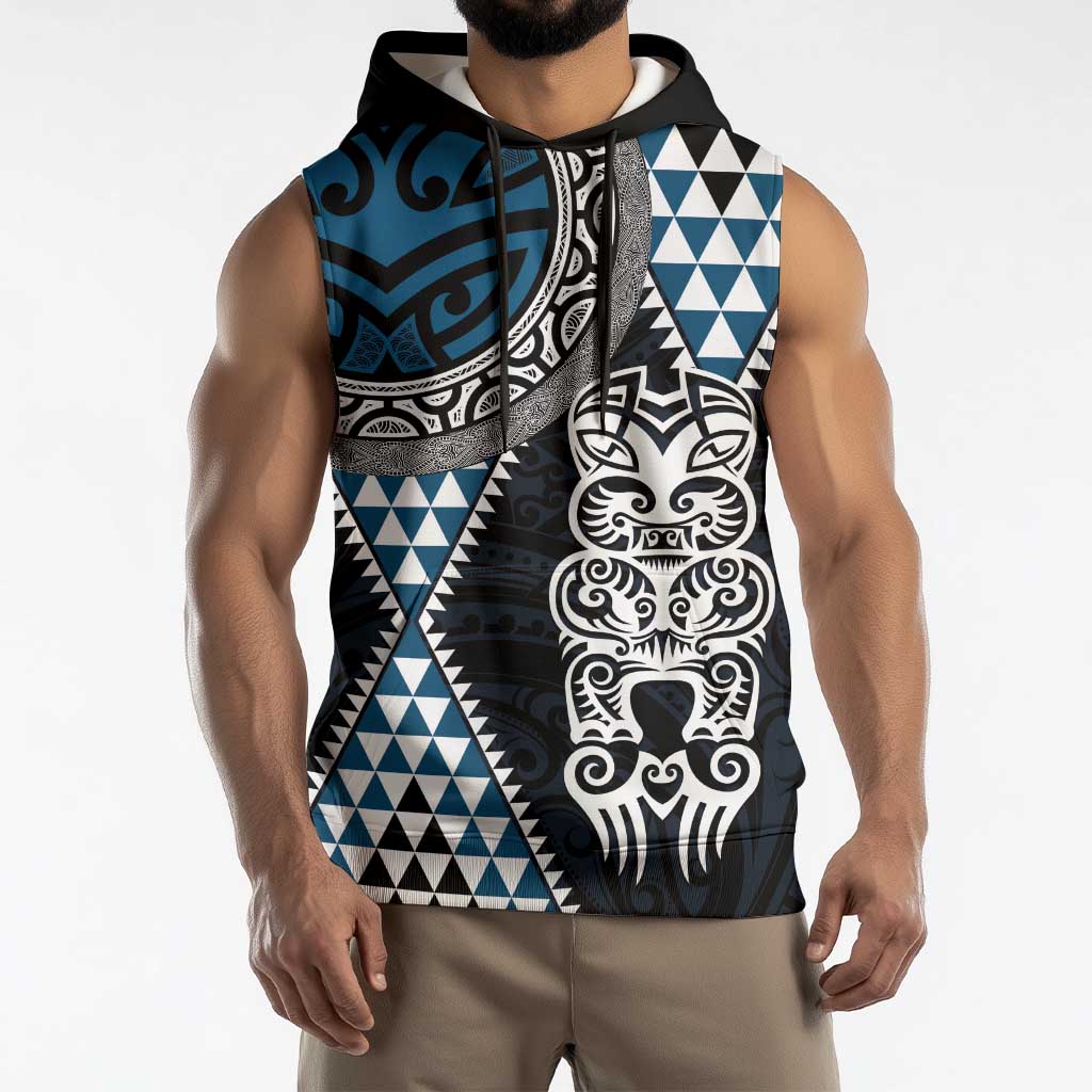 Blue Aotearoa Niho Taniwha Sleeveless Hoodie Maori Mythology Tooth - Taniko Motifs - Polynesian Pride