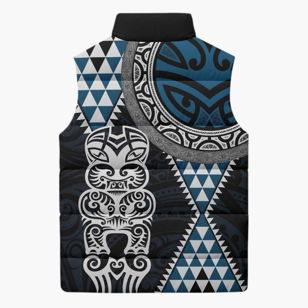 Blue Aotearoa Niho Taniwha Sleeveless Puffer Jacket Maori Mythology Tooth - Taniko Motifs - Polynesian Pride