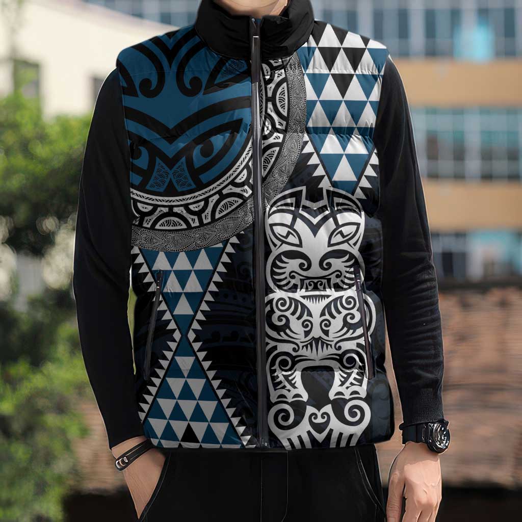 Blue Aotearoa Niho Taniwha Sleeveless Puffer Jacket Maori Mythology Tooth - Taniko Motifs - Polynesian Pride