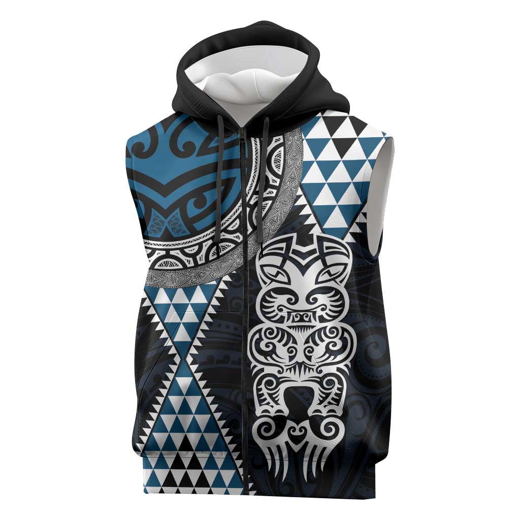 Blue Aotearoa Niho Taniwha Sleeveless Zip Hoodie Maori Mythology Tooth - Taniko Motifs LT14 Blue - Polynesian Pride