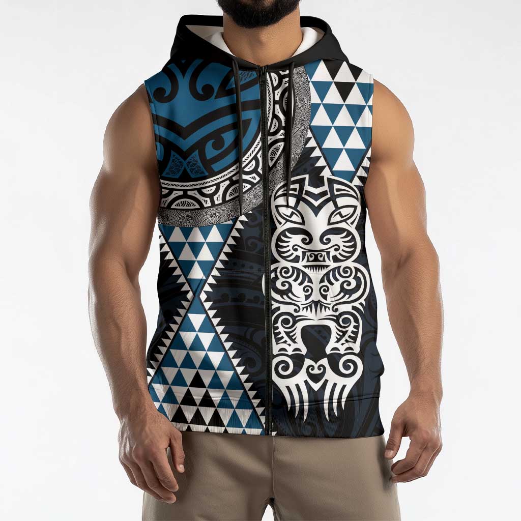 Blue Aotearoa Niho Taniwha Sleeveless Zip Hoodie Maori Mythology Tooth - Taniko Motifs LT14 - Polynesian Pride