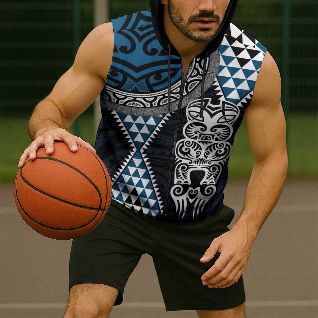Blue Aotearoa Niho Taniwha Sleeveless Zip Hoodie Maori Mythology Tooth - Taniko Motifs LT14 - Polynesian Pride