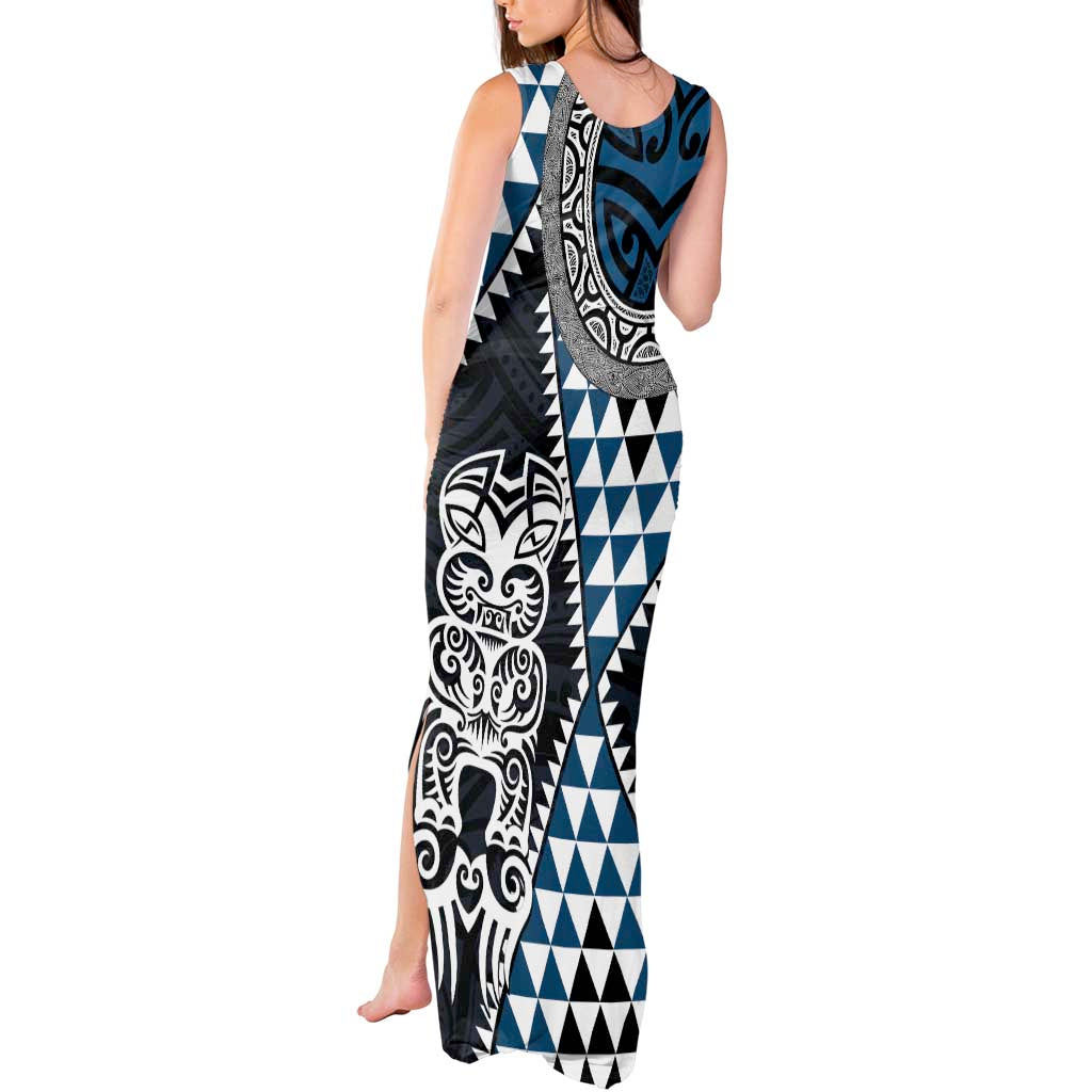 Blue Aotearoa Niho Taniwha Tank Maxi Dress Maori Mythology Tooth - Taniko Motifs