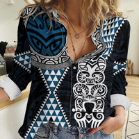 Blue Aotearoa Niho Taniwha Women Casual Shirt Maori Mythology Tooth - Taniko Motifs LT14 Female Blue - Polynesian Pride