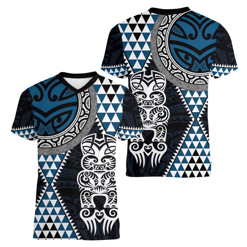 Blue Aotearoa Niho Taniwha Women V-Neck T-Shirt Maori Mythology Tooth - Taniko Motifs LT14 - Polynesian Pride