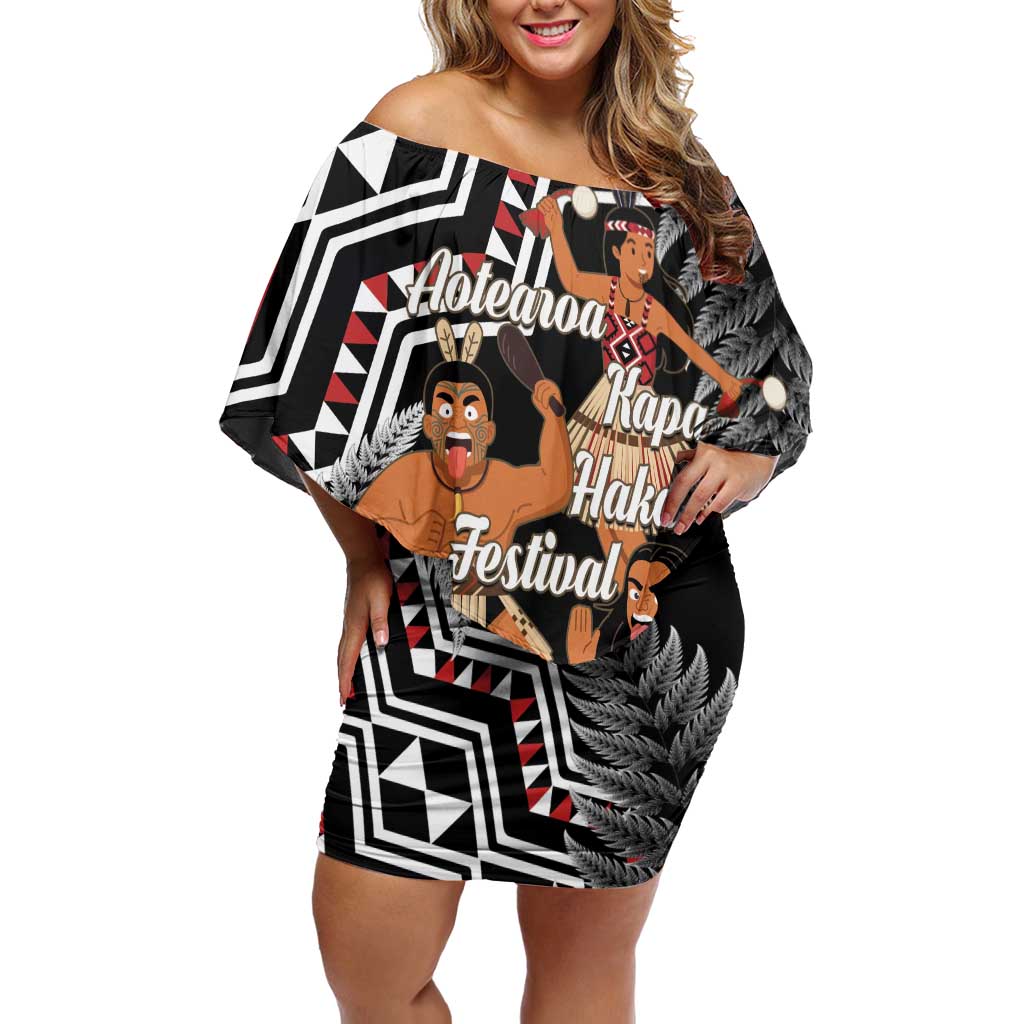 Aotearoa Kapa Haka Family Matching Off Shoulder Short Dress and Hawaiian Shirt 2025 Festival - Traditional Maori Dance LT14 Mom's Dress Black - Polynesian Pride