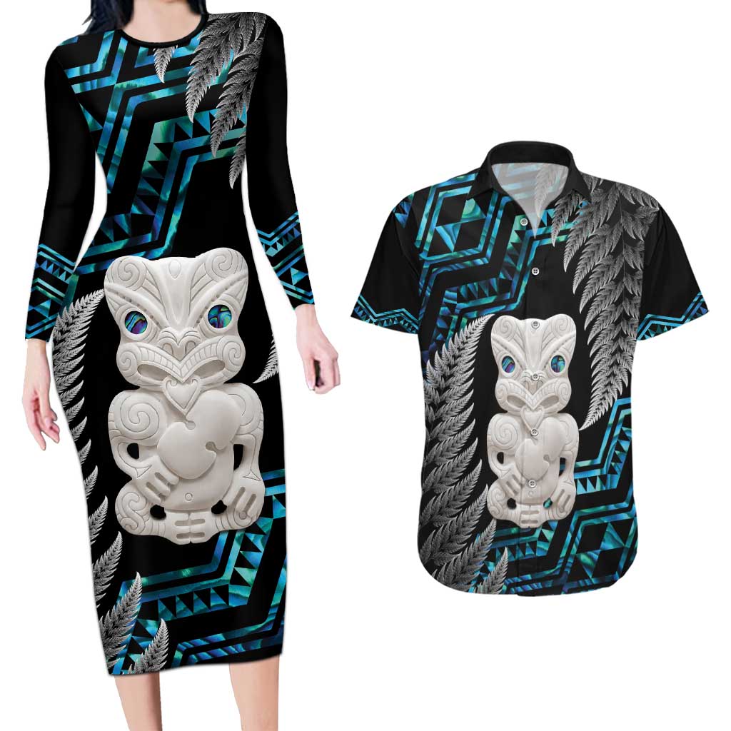 Aotearoa Taniko Paua Shell With Hei Tiki Couples Matching Long Sleeve Bodycon Dress and Hawaiian Shirt LT14 Black - Polynesian Pride