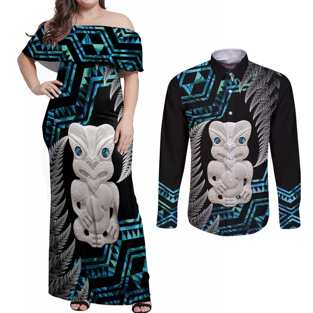 Aotearoa Taniko Paua Shell With Hei Tiki Couples Matching Off Shoulder Maxi Dress and Long Sleeve Button Shirt LT14 Black - Polynesian Pride