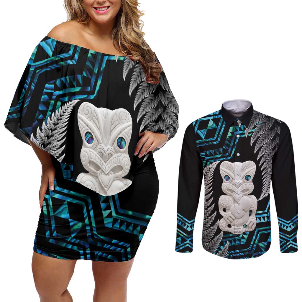 Aotearoa Taniko Paua Shell With Hei Tiki Couples Matching Off Shoulder Short Dress and Long Sleeve Button Shirt LT14 Black - Polynesian Pride