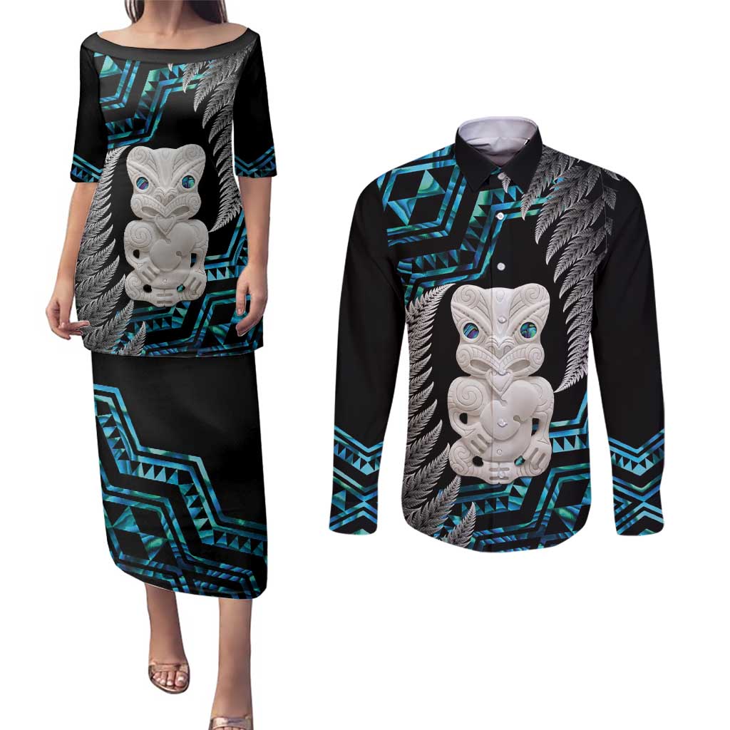 Aotearoa Taniko Paua Shell With Hei Tiki Couples Matching Puletasi and Long Sleeve Button Shirt LT14 Black - Polynesian Pride