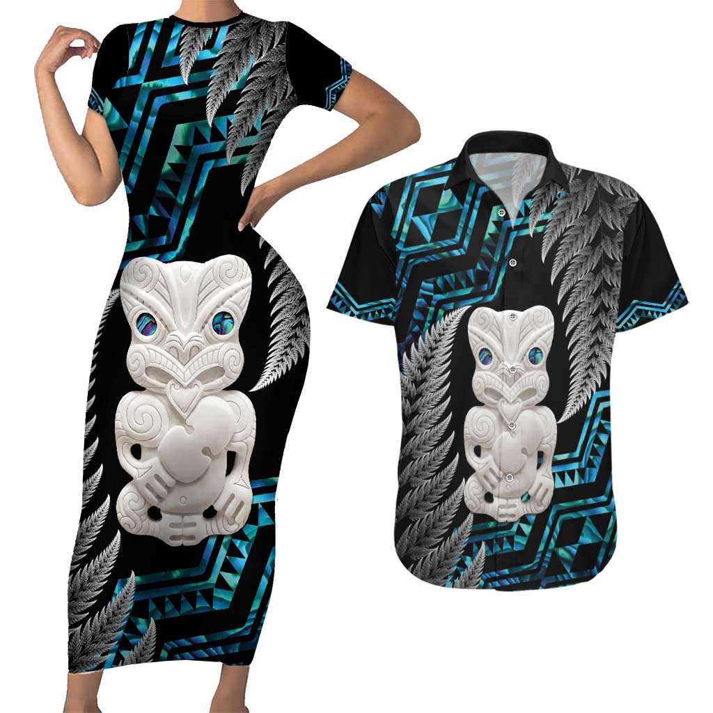 Aotearoa Taniko Paua Shell With Hei Tiki Couples Matching Short Sleeve Bodycon Dress and Hawaiian Shirt LT14 Black - Polynesian Pride