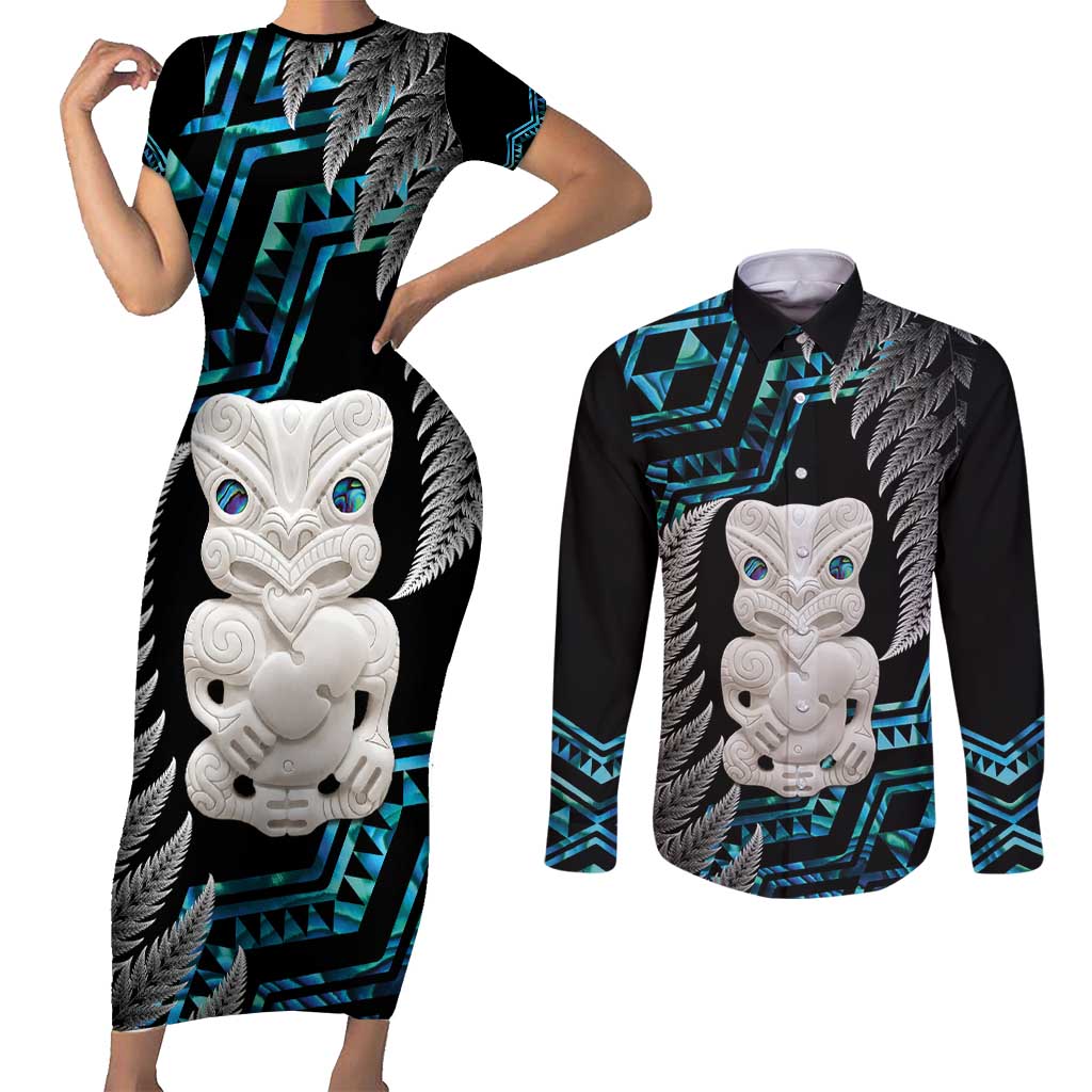 Aotearoa Taniko Paua Shell With Hei Tiki Couples Matching Short Sleeve Bodycon Dress and Long Sleeve Button Shirt LT14 Black - Polynesian Pride