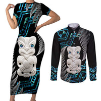 Aotearoa Taniko Paua Shell With Hei Tiki Couples Matching Short Sleeve Bodycon Dress and Long Sleeve Button Shirt LT14 Black - Polynesian Pride