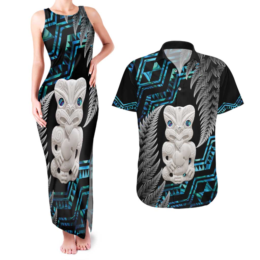 Aotearoa Taniko Paua Shell With Hei Tiki Couples Matching Tank Maxi Dress and Hawaiian Shirt LT14 Black - Polynesian Pride