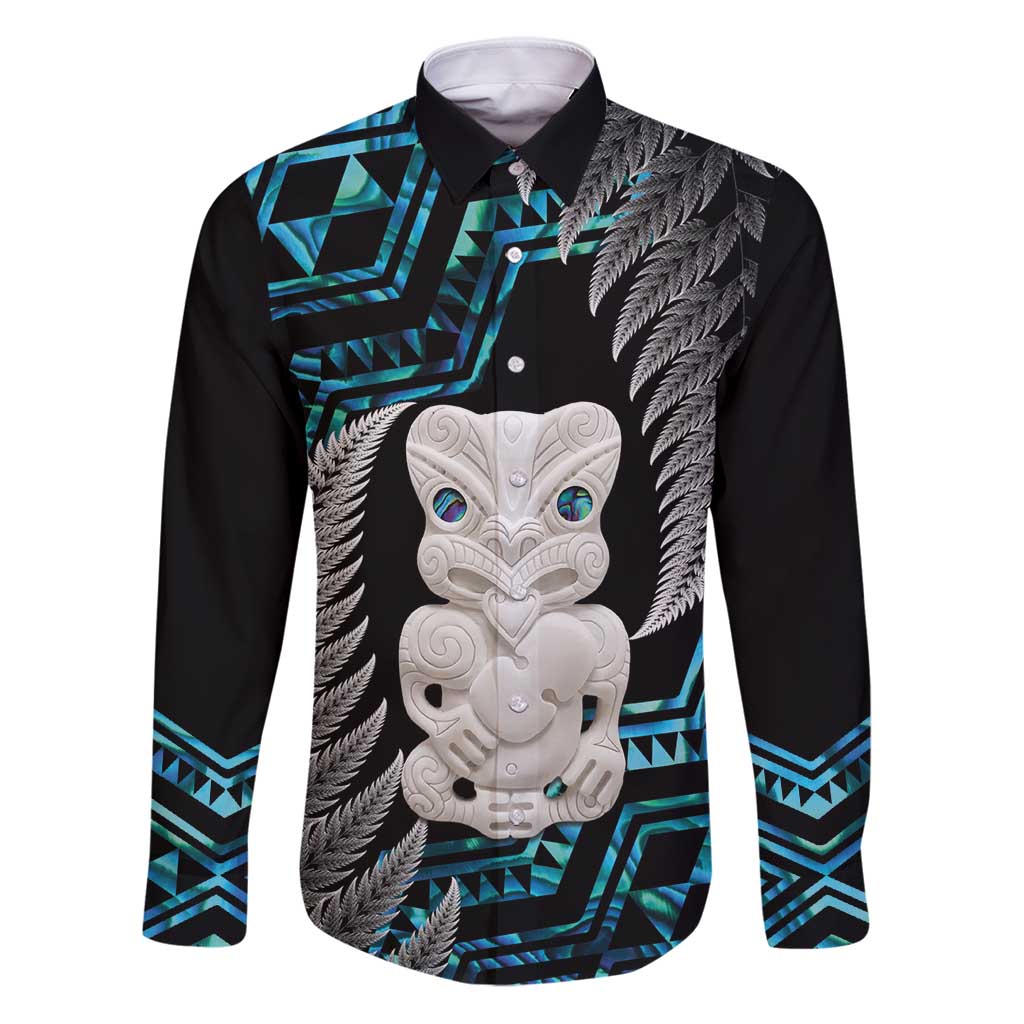 Aotearoa Taniko Paua Shell With Hei Tiki Family Matching Puletasi and Hawaiian Shirt LT14 Dad's Shirt - Long Sleeve Black - Polynesian Pride