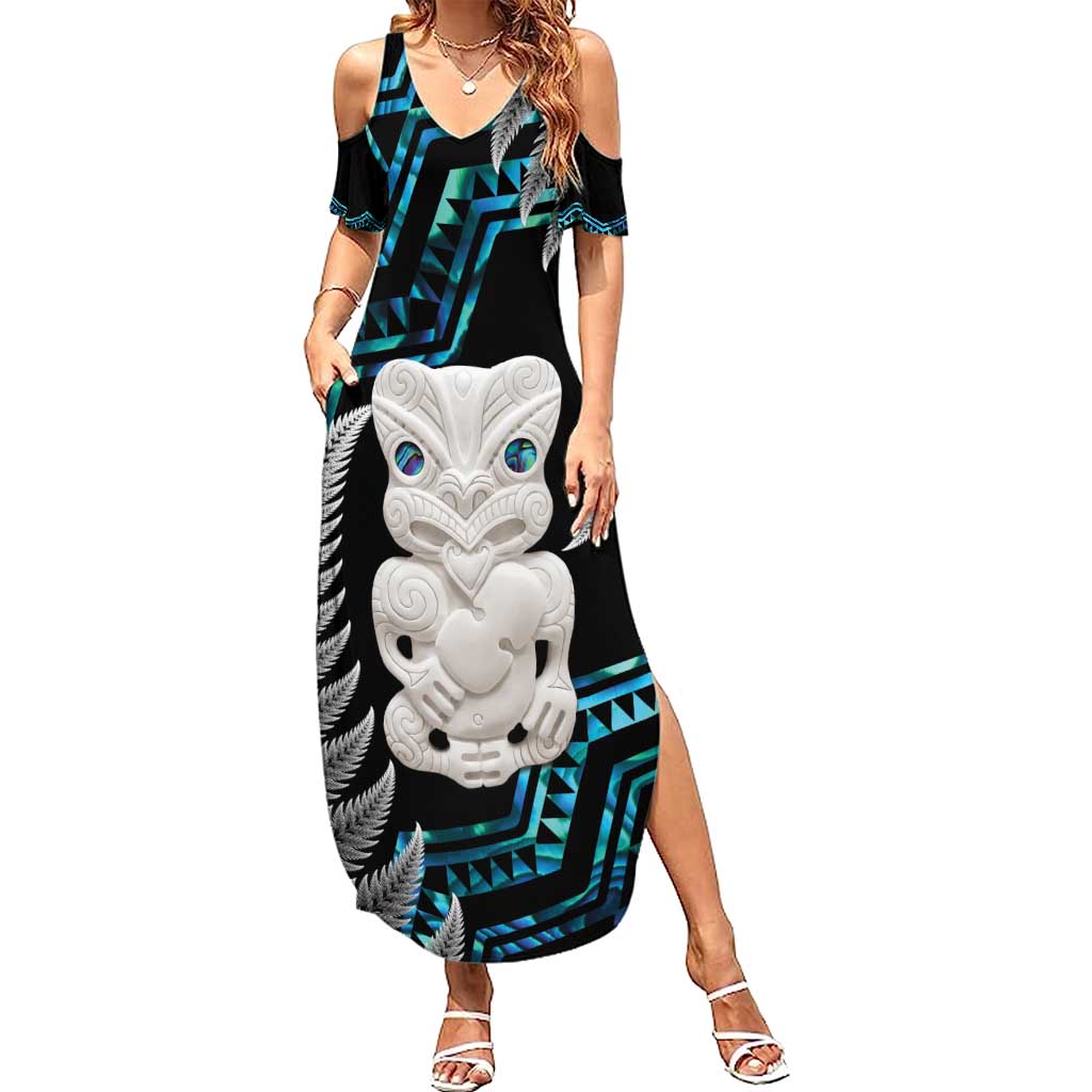 Aotearoa Taniko Paua Shell With Hei Tiki Family Matching Summer Maxi Dress and Hawaiian Shirt LT14 Mom's Dress Black - Polynesian Pride