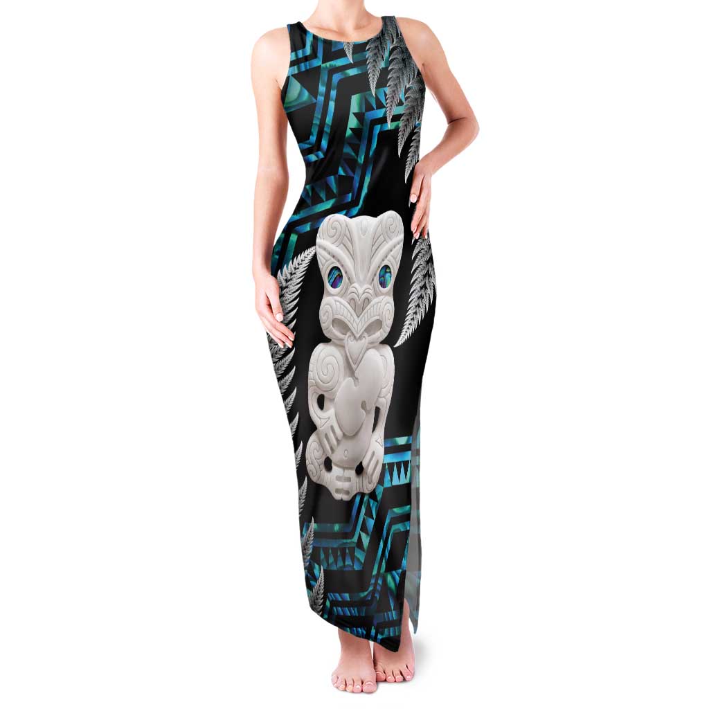 Aotearoa Taniko Paua Shell With Hei Tiki Family Matching Tank Maxi Dress and Hawaiian Shirt LT14 Mom's Dress Black - Polynesian Pride