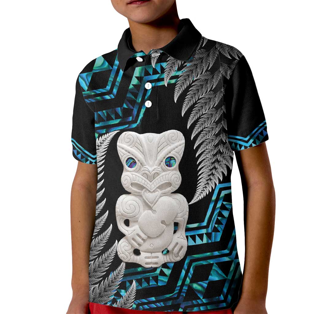 Aotearoa Taniko Paua Shell With Hei Tiki Kid Polo Shirt LT14 Kid Black - Polynesian Pride