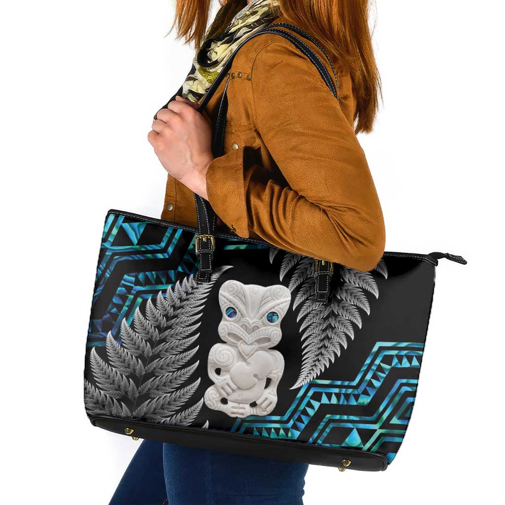 Aotearoa Taniko Paua Shell With Hei Tiki Leather Tote Bag LT14 Black - Polynesian Pride