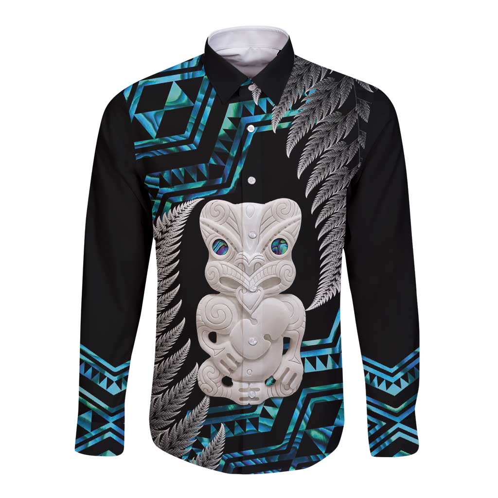 Aotearoa Taniko Paua Shell With Hei Tiki Long Sleeve Button Shirt LT14 Unisex Black - Polynesian Pride