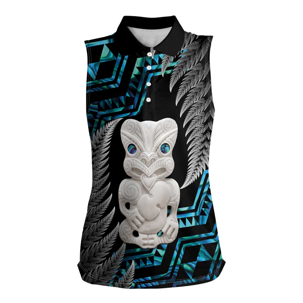 Aotearoa Taniko Paua Shell With Hei Tiki Women Sleeveless Polo Shirt LT14 Female Black - Polynesian Pride