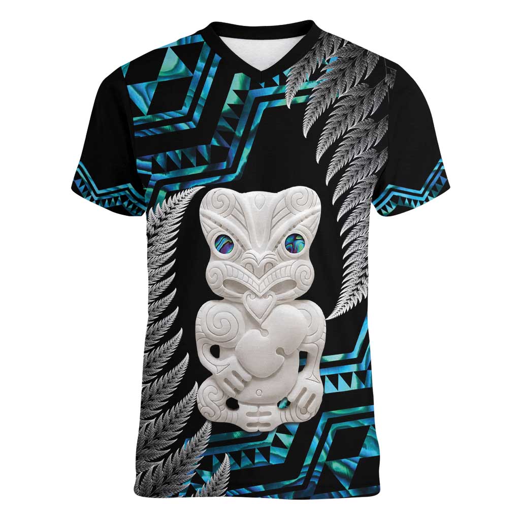 Aotearoa Taniko Paua Shell With Hei Tiki Women V-Neck T-Shirt LT14 Female Black - Polynesian Pride