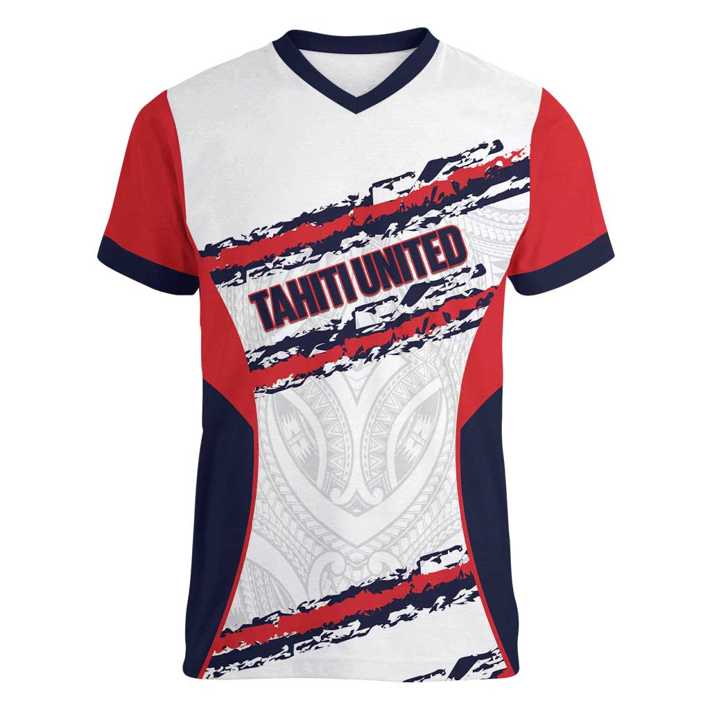 AS Venus Tahiti Football Custom Women V-Neck T-Shirt Go Champions Polynesian Pattern