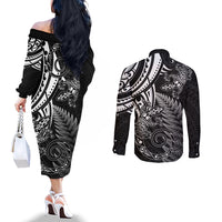 New Zealand Lizard Couples Matching Off The Shoulder Long Sleeve Dress and Long Sleeve Button Shirt Silver Fern Aotearoa Maori LT14 - Polynesian Pride