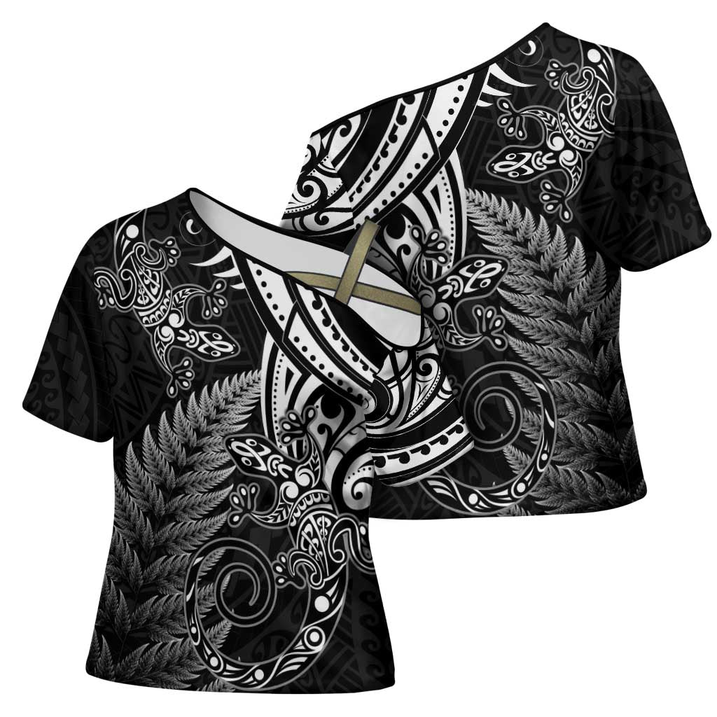New Zealand Lizard Cross Shoulder Shirt Silver Fern Aotearoa Maori - Polynesian Pride