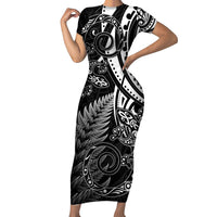 New Zealand Lizard Family Matching Short Sleeve Bodycon Dress and Hawaiian Shirt Silver Fern Aotearoa Maori LT14 Mom's Dress Black - Polynesian Pride
