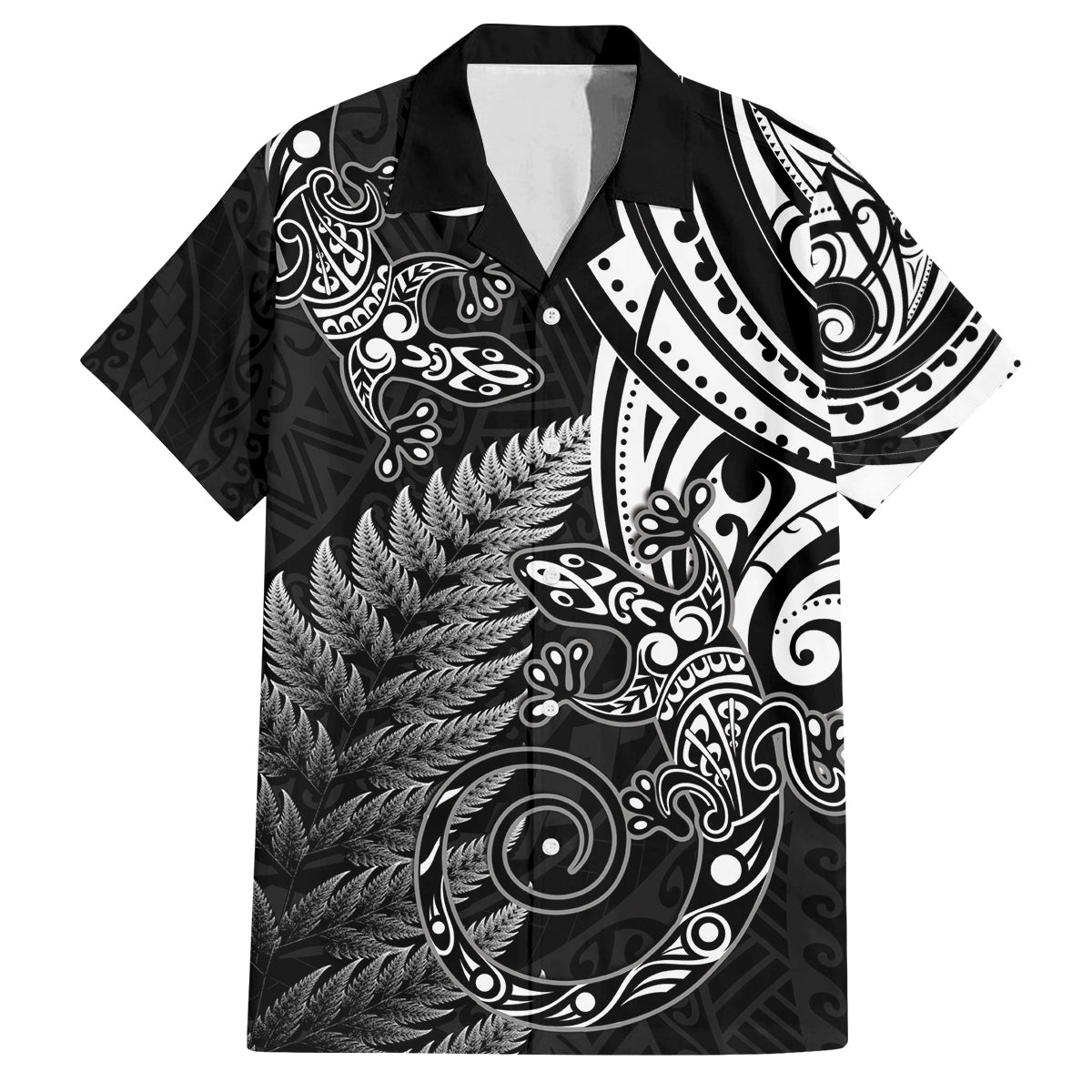 New Zealand Lizard Family Matching Summer Maxi Dress and Hawaiian Shirt Silver Fern Aotearoa Maori LT14 Dad's Shirt - Short Sleeve Black - Polynesian Pride