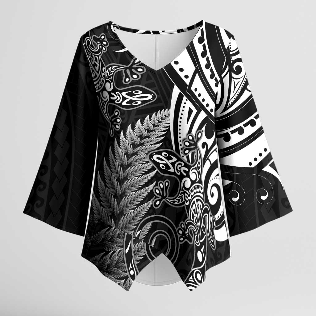 New Zealand Lizard Kimono Sleeve Blouse Silver Fern Aotearoa Maori - Polynesian Pride