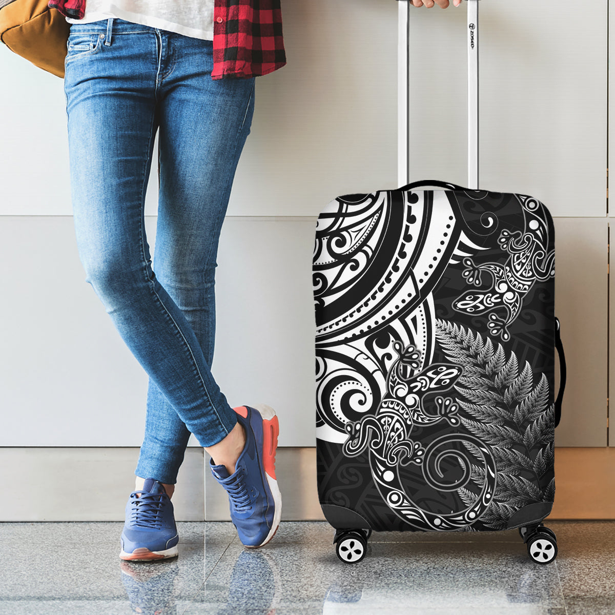 New Zealand Lizard Luggage Cover Silver Fern Aotearoa Maori