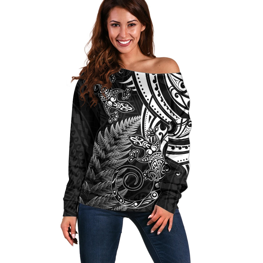 New Zealand Lizard Off Shoulder Sweater Silver Fern Aotearoa Maori LT14 Women Black - Polynesian Pride