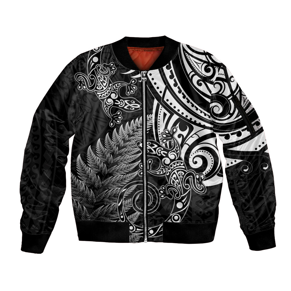 New Zealand Lizard Sleeve Zip Bomber Jacket Silver Fern Aotearoa Maori LT14 Unisex Black - Polynesian Pride