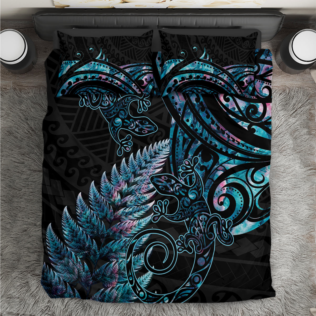 New Zealand Lizard Bedding Set Silver Fern Aotearoa Maori With Paua Shell