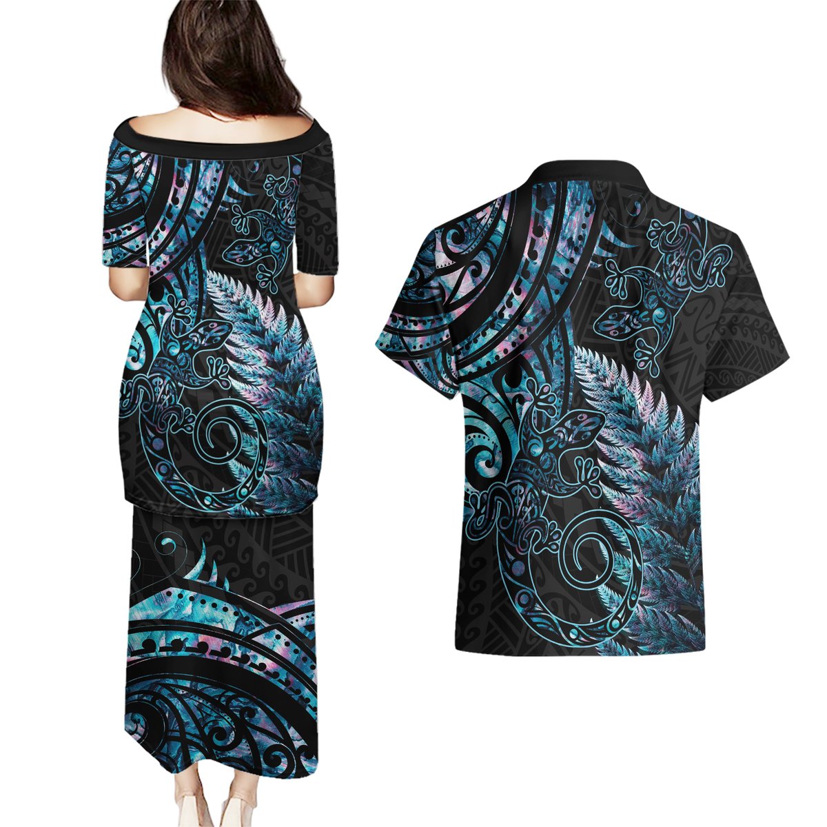 New Zealand Lizard Couples Matching Puletasi and Hawaiian Shirt Silver Fern Aotearoa Maori With Paua Shell LT14 - Polynesian Pride