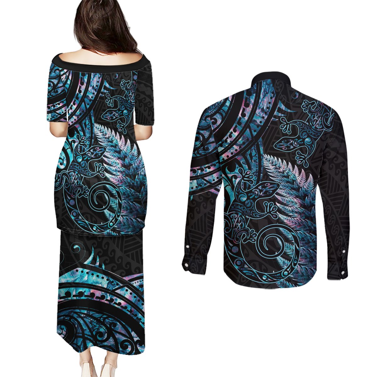 New Zealand Lizard Couples Matching Puletasi and Long Sleeve Button Shirt Silver Fern Aotearoa Maori With Paua Shell LT14 - Polynesian Pride