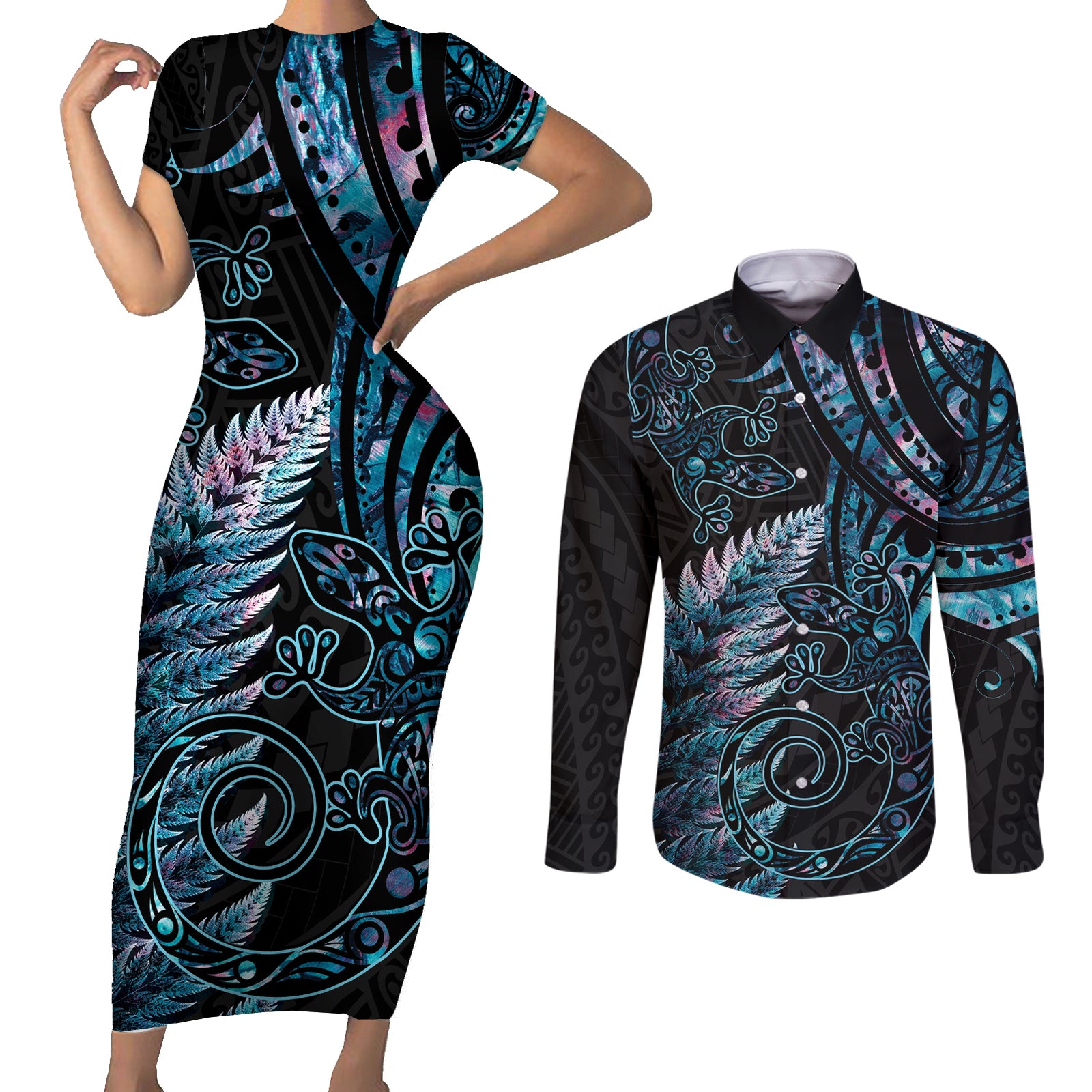 New Zealand Lizard Couples Matching Short Sleeve Bodycon Dress and Long Sleeve Button Shirt Silver Fern Aotearoa Maori With Paua Shell LT14 Turquoise - Polynesian Pride