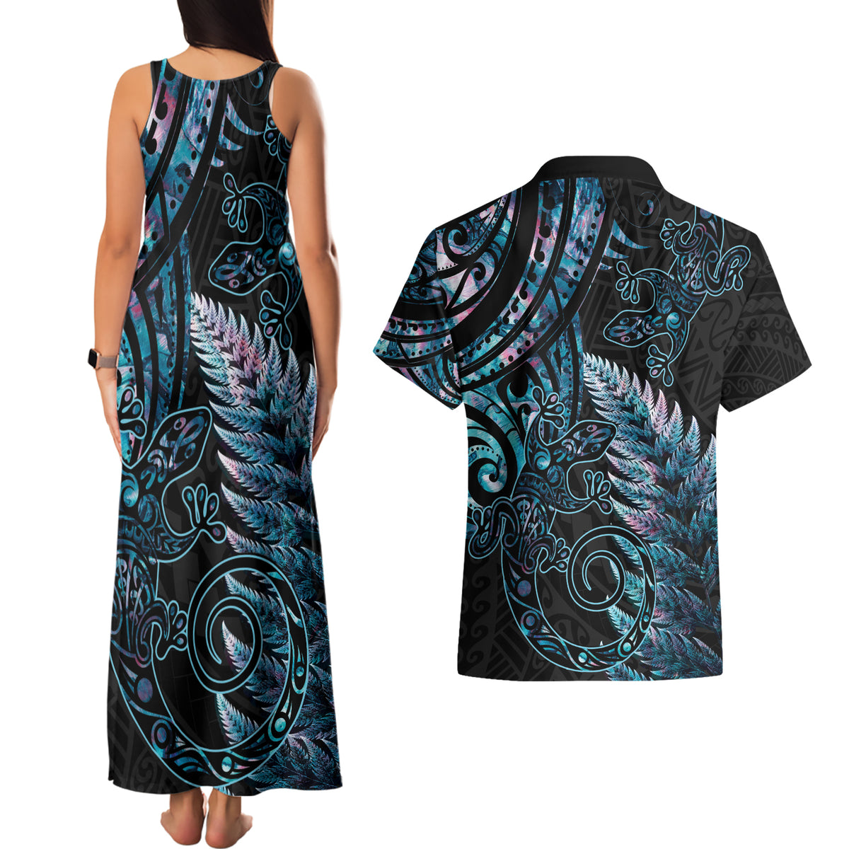 New Zealand Lizard Couples Matching Tank Maxi Dress and Hawaiian Shirt Silver Fern Aotearoa Maori With Paua Shell LT14 - Polynesian Pride