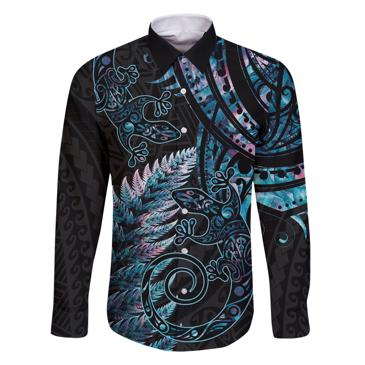 New Zealand Lizard Family Matching Tank Maxi Dress and Hawaiian Shirt Silver Fern Aotearoa Maori With Paua Shell LT14 Dad's Shirt - Long Sleeve Turquoise - Polynesian Pride