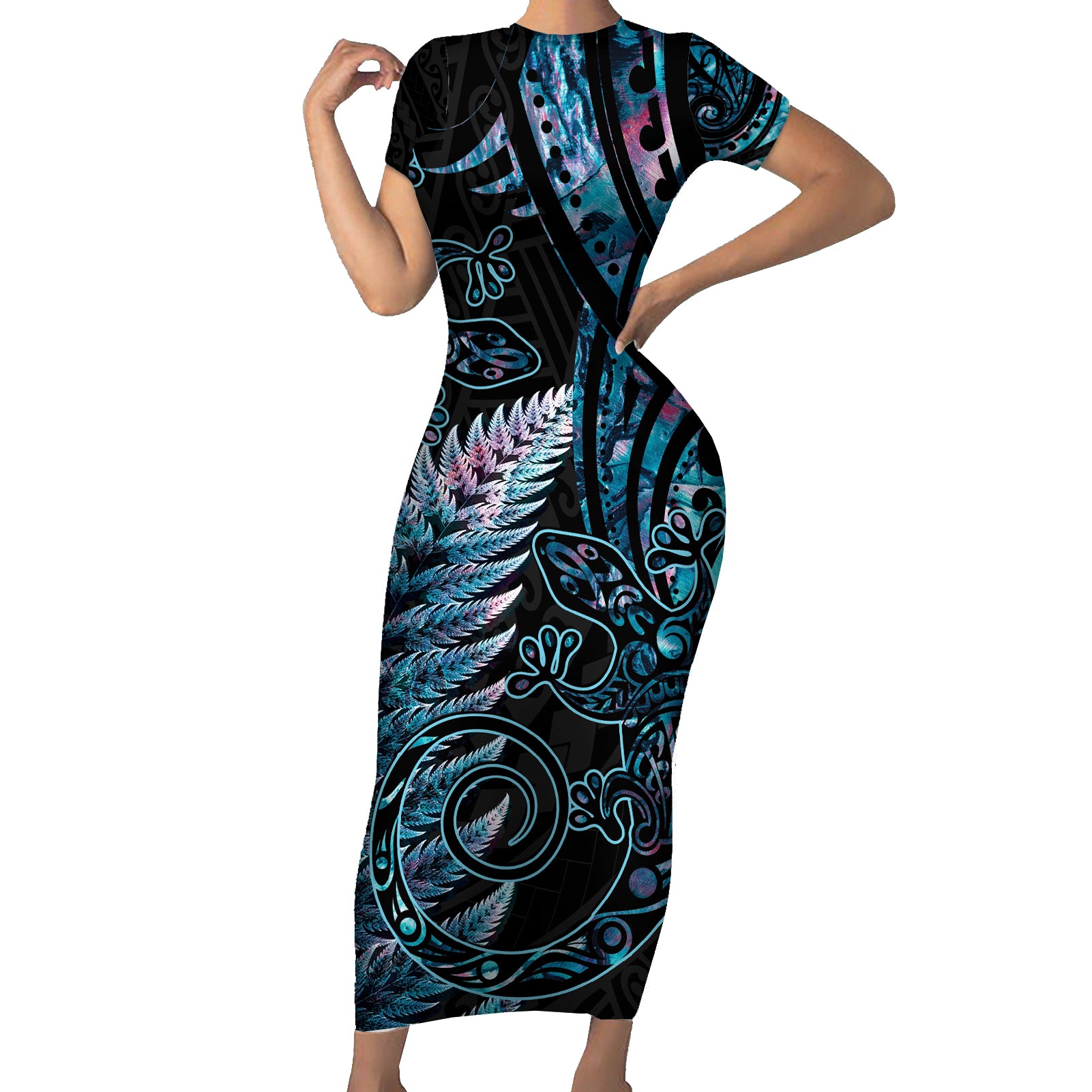 New Zealand Lizard Short Sleeve Bodycon Dress Silver Fern Aotearoa Maori With Paua Shell LT14 Long Dress Turquoise - Polynesian Pride